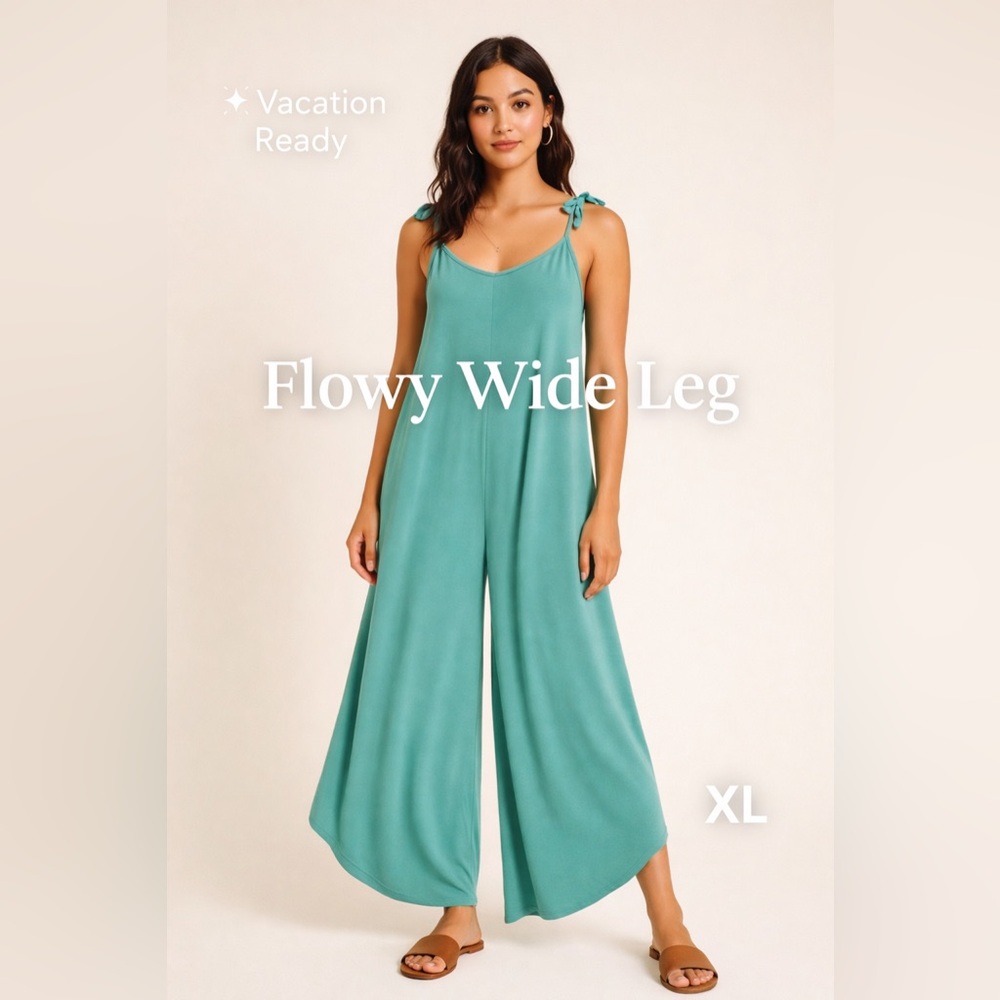 Ivy Street Teal Jumpsuit XL Wide Leg Tie Strap Flowy Boho